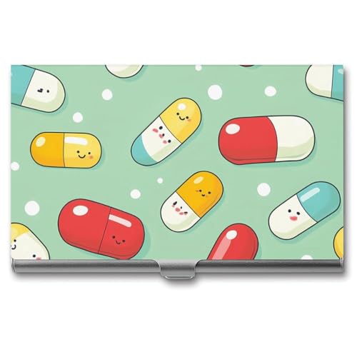 Pill Capsules Pattern Slim Business Card Holder Wallet for Men & Women Pocket Metal Case 3.7x2.2x0.3 Inches