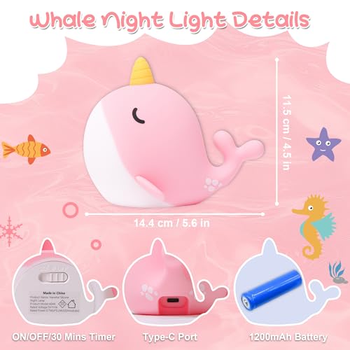 Image of Narwhal Night Light for Kids, Whale Nursery Lamp Animal Silicone Nightlight with Dimmable & 30 Mins Timer, Pefrect Gifts for Girl Women Friend Birthday Holiday Bedroom Bedside Table Decoration