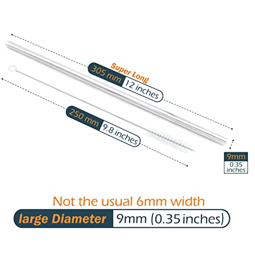 Gfdesign Big Drinking Straws Reusable 12" Extra Long 9Mm Extra Wide Sus 304 Food-Grade 18/8 Stainless Steel - Set Of 4 With 2 Cleaning Brushes - Straight #TOP2