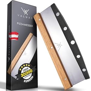 VALUXE Premium Pizzamesser aus Edelstahl & Holz - Profi Pizzaschneider Wiegemesser effektiver als Pizzaroller Handlicher 32cm Pizza Cutter - Pizza Messer für gleichmäßiges Schneiden