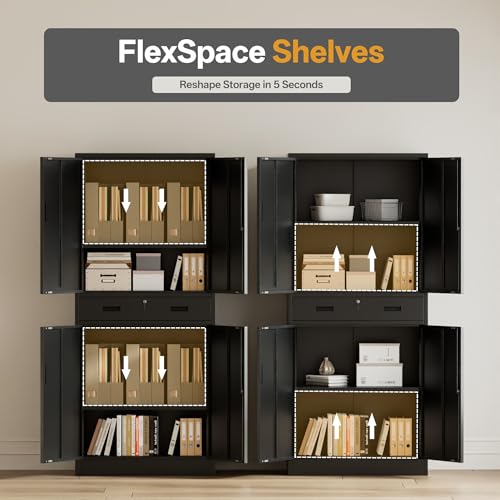 Image of Metal Storage Cabinets with 1Drawer, 71 inch Storage Cabinet with 4 Locking Doors and 2 Adjustable Shelves, Steel Storage File Cabinet for Pantry Home, Kitchen, Office, Garage (Black)
