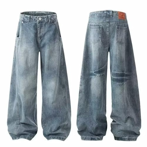 Men's American Retro Curved Hem Wide Leg Jeans Loose Fit Distressed Long Pants for Spring Autumn