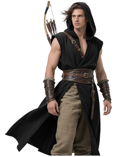 L'VOW Renaissance Hooded Surcoat Men's Medieval Sleeveless Tabard Tunic Vest Cloak for Viking Costume LARP Halloween Assassin Cosplay(Black,L)