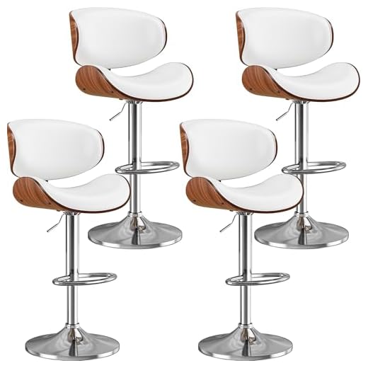 Aowos Adjustable Swivel Bar Stools Set of 4, Mid-Century Modern PU Leather Upholstered Counter Height Bar Stool, Kitchen Island Barstools with Back White