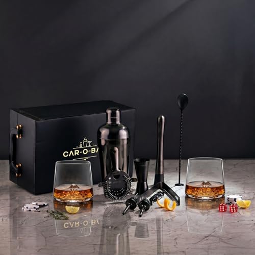 Image of Car-O-Bar Bar Set with Glasses Gift Set | 12 Pieces Bartender Kit:Cocktail Shaker, Bar Spoon, Jigger, Muddler, Strainer, Wine & Beer Bottle Opener, 2 Pour Spouts, Tong, Set of 2 Whiskey Glasses