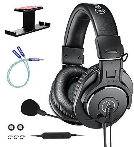 Audio Technica ATH-M30x Professional Studio Monitor Headphones, Black Bundle with Antlion Audio ModMic Uni Attachable Noise-Cancelling Microphone, Blucoil Y Splitter Cable, and Aluminum Headphone Hook
