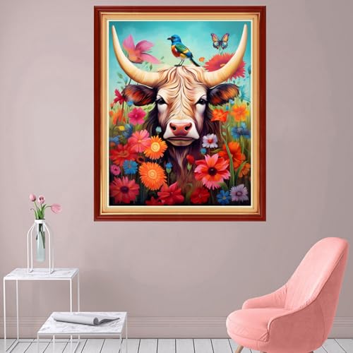 Image of Foxhool Stamped Cross Stitch Kits,11CT Printed Cross Stitch Pattern Full Embroidery Kits for Beginner Needlepoint Kits-Flower Colored Cow 16x20 inch