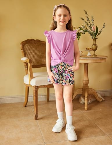 Image of Arshiner Girls Shorts Sets 2 Pieces Outfits Twist Front Ruffle Sleeve T-Shirts and Shorts With Pockets Cute Clothes Sets