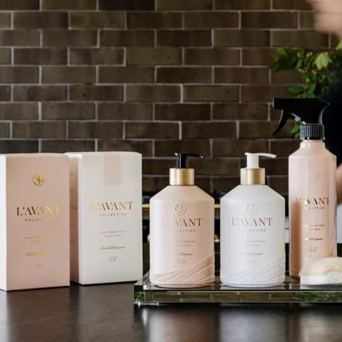 Image of L'AVANT Collective Luxury Home Essentials High Performing Dish Soap, Hand Soap, Multipurpose Cleaner Spray, Scrub Brush, Lucite Tray Luxurious Ingredients Reusable Bottles (Blushed Bergamot)