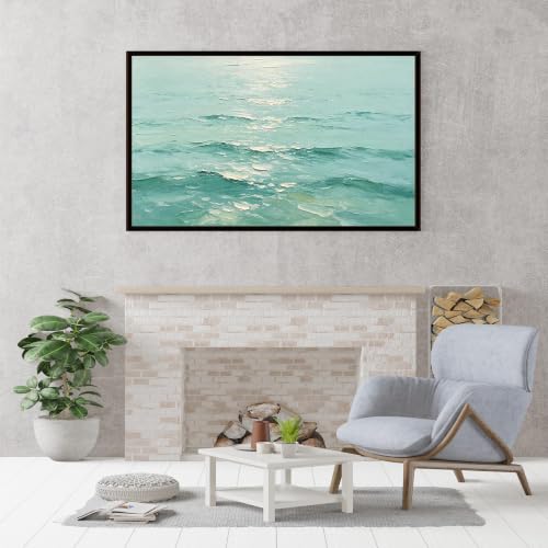 Peinture à l'huile moderne tableau texturé océan bleu vert salon