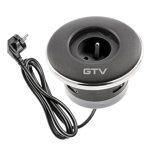 GTV - Möbelsteckdose SHUTTER, Einbausteckdose, 1x French Steckdose, mit Praktischer Verschluss, Kabellänge 1,5m, Farbe Schwarz, für Schreibtische, Tischplatte, Küchen und Büro