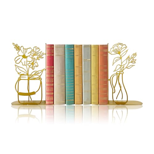 Metal Flower Vase Book Ends Cute Book Ends for Office Home Decor Decorative Book Ends for Shelves Ideal Gift for Book Lovers(Gold)