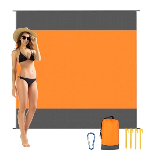 AYBUY Alfombra de Playa, 200 * 210 cm Manta de Picnic con 4 Clavos Fijos, Grande a Prueba de Arena e Impermeable Mantas de Acampada para la Playa, Camping, y Picnic, Viajes (Naranja)