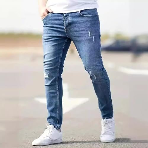 Jeans Pants Trousers Denim Street Trendy Washed Blue Elastic Tight Tear Hole Casual Commuting Small Leg for Men3