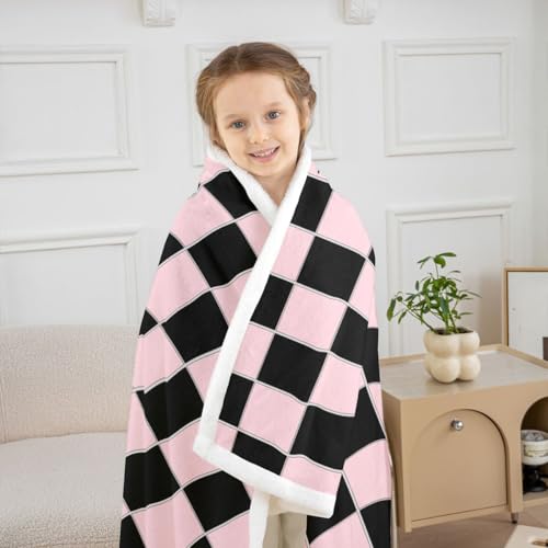 Image of Erosebridal Plaid Fleece Blanket 40 inchx50 inch Pink Black Checkerboard Sherpa Blanket Geometric Checkered Fuzzy Plush Throw for Kids Boys Girls,Aesthetic Grids Decor for Bed Couch