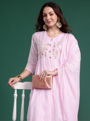 Image of INDO ERA Women's Pure Cotton Embroidered A-Line Kurta & Pant with Dupatta Set | Cotton kurta sets for women