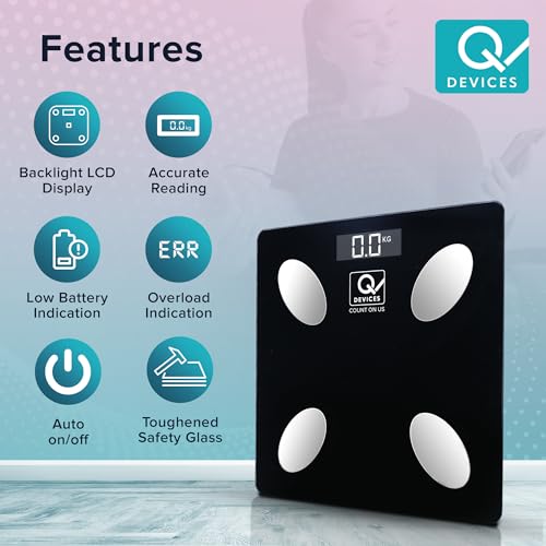 Image of Q DEVICES Bluetooth Smart Weighing Machine for Body Weight, Digital Body Composition Analyzer with 9 Health Metrics, BMI & Fat%, App Sync, Free Diet Consultation, 1-Year Warranty (Black)