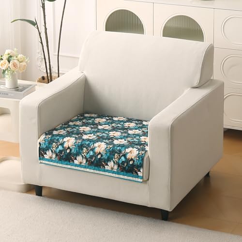 Image of HOKIPO 'Florentina Series' Premium Holland Velvet Sofa Cover Mat for 1 Seater Sofa with Foam Filling for Extra Softness, Anti-Slip Backing, Pansies Teal (IN-878-V5*1)
