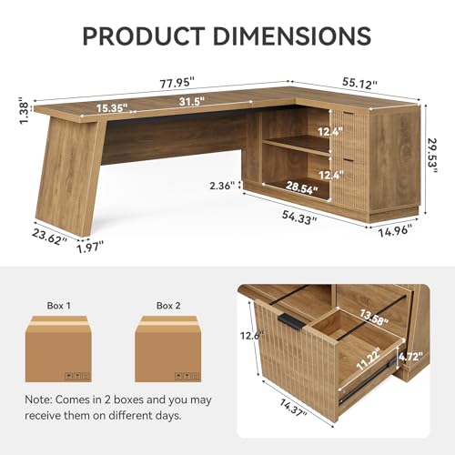 LITTLE TREE 78-Inch L-Shaped Executive Desk, Modern Desk with Drawers & File Cabinet, Large Walnut Office Workstation with Storage Shelves for Home Office by LITTLE TREE - Image 4