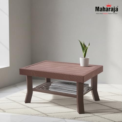Image of Maharaja Double Top Center Table with Wooden Texture Finish | Heavy Duty Plastic Multi-Utility Table with Storage Shelf | Load Capacity up to 200 kg | for Living Room, Office & Dining Area (Brown.)
