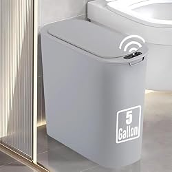 TIPGO 5 Gallon Automatic Bathroom Trash Can with Lid, Gray, Touchless | Motion Sensor, Slim Smart Garbage Bin, Plastic Wastebasket, Battery Operated, Manual Button, for Bedroom, Office,RV