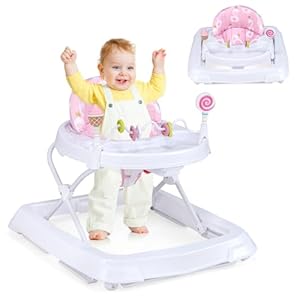 COSTWAY Loophulp voor baby’s, inklapbaar, loopwagen, 3-traps in hoogte verstelbaar, met wielen, speeltrein, afneembaar zitkussen, babywalker, loopvrij, baby voor jongens, meisjes van 6-36 maanden