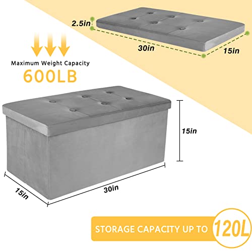 Ecomex Folding Storage Ottoman Bench, 30 Inch Storage Bench For Living Room And Bedroom, Storage Bench Velvet Ottoman Foot Rest With Foam Padded Seat Grey 2Pcs #TOP3