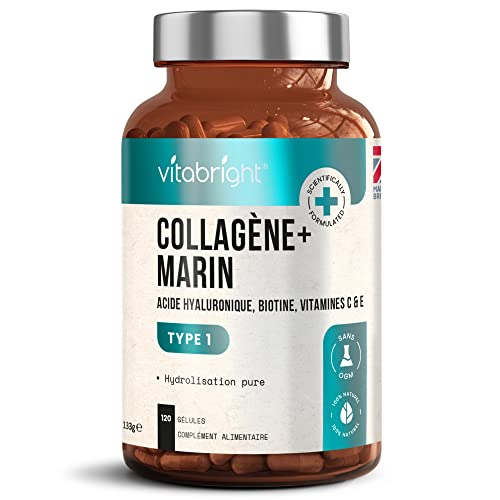 Capsules de Collagene Marin 1000mg - 120 Capsules - 9 Nutriments pour la Peau - Collagene Marin pur Hydrolysé de type 1 avec Acide Hyaluronique - Supplément de Collagène marin de VitaBright Cover