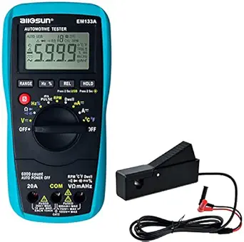 Digital Automotive Multimeter Autoranging TRMS 5999 Counts ACA/DCA Max.20A Car Tester Multimeter for RPM Dwell Angle Pulse Width Tach Temperature Duty Cycle Data Hold Test,Meter to PC(EM133A)
