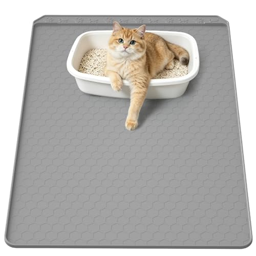 SKERTS Silicone Cat Litter Mat, 34\"x22\" Large Waterproof Litter Box Mat with Honeycomb Wave Pattern, Non-Slip Easy Clean Litter Trapping Mat for Cat Litter Box Area Floor Protection (Gray) - Thumbnail 6