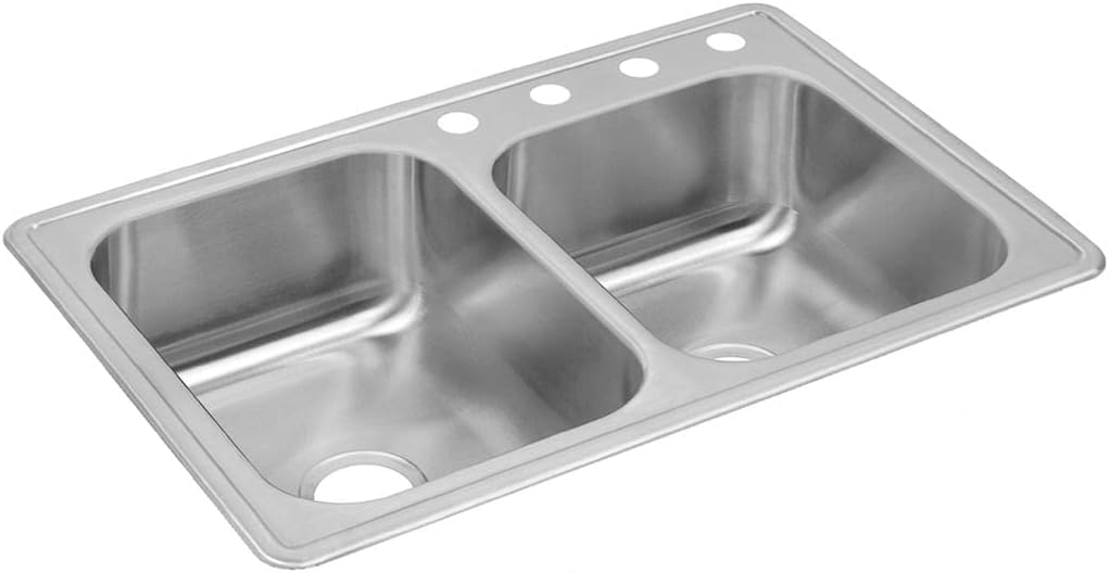 Elkay Dayton DXR250R4 18 Gauge Stainless Steel 33" x 22" x 8" Double Top Mount Kitchen Sink, Larger Left Bowl, 4 Faucet Holes, 33 x 22 x 8, Satin