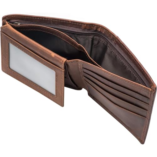Genuine Leather Wallet for Men Bifold Design with Zipper Closure RFID Blocking Protection and Dual ID Windows for Secure Card Organization (Dark brown)4