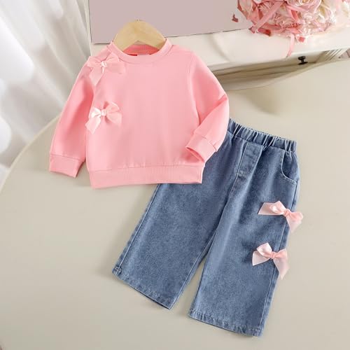 Teen Girls Y2K Trendy Sets Girl Long Sleeve Bow Sweatshirt Pollover Tops Wide Leg Denim Pants Kids Fall Winter Cute Outfits2