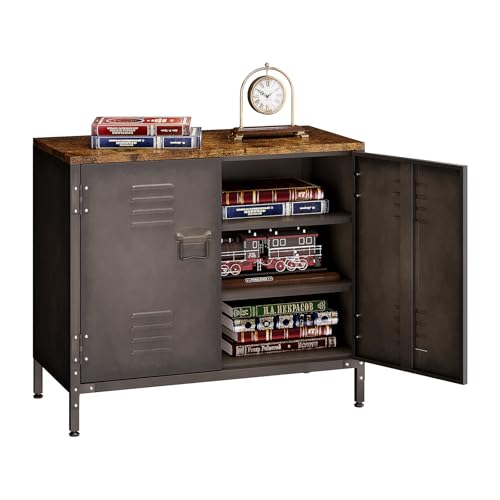 AFAIF Storage Cabinet with 2 Doors, Metal Storage Cabinet with 2 Adjustable Shelves, Rustic Multipurpose Cabinet for Home, Office, Kitchen, Entryway, Hallway, Retro Brown