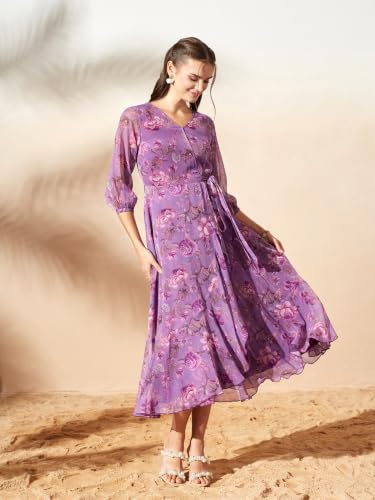 Image of Miss Chase Women's Multicolored Black Floral V-Neck 3 /4 Sleeve Wrap Chiffon Midi Dress
