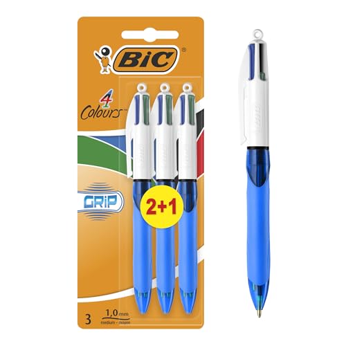BIC 4 Colours Retractable Ballpoint Pens, Medium Point (1.0 mm) Every-Day Writing Pens with Extra Comfort Grip, Blue, Pack Of 3