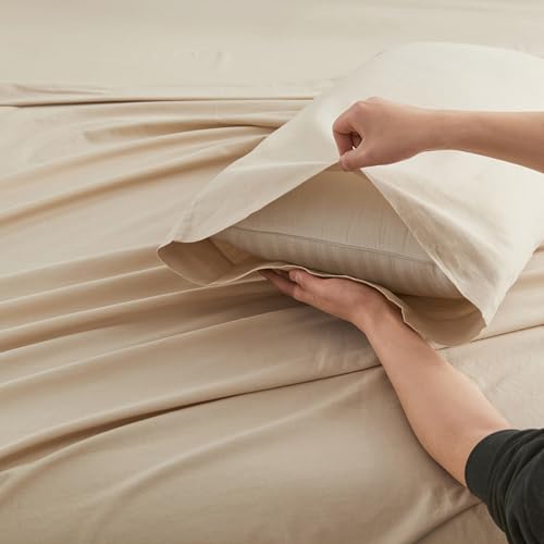 Simple&Opulence Belgian Linen Sheet Set Solid Color - 3 Pieces (1 Flat Sheet, 1 Fitted Sheet & 1 Pillowcase) Natural Flax Cotton Blend Soft Breathable Farmhouse Bedding - Twin Size, Linen/Beige by Simple&Opulence - Image 6