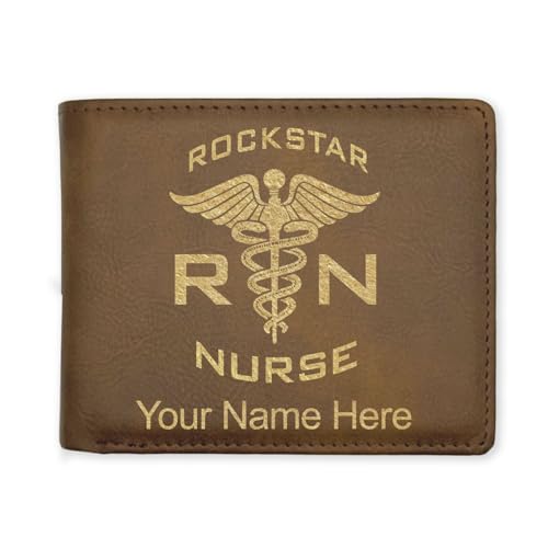 LaserGram Faux Leather Bi-Fold Wallet, RN Rockstar Nurse, Personalized Engraving Included (Rustic with Gold)