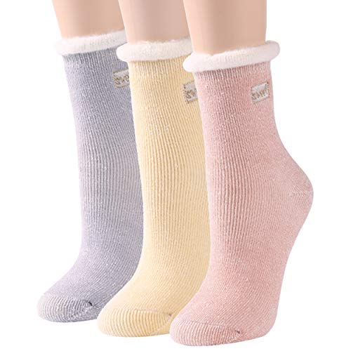 Womens Insulated Thermal Socks, Hissox 3 Pairs Fur Lined Soft Warm Winter Socks Fuzzy Cute Home Office Lounge Crew Socks Cold Weather Thick Heat Socks For Hikers Outdoor Walkers, Yellow+Purple+Pink