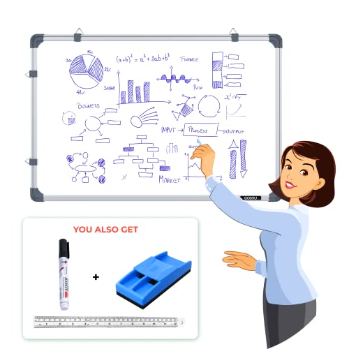 Image of GOSHU Non Magnetic 1.5 feet x2 feet Double Sided Board Whiteboard & Chalkboard Combo with Marker, Duster & 30cm Scale Ideal for Home, Office, Study & Planning Solution (1.5x2 feet, Pack of 4 Items)