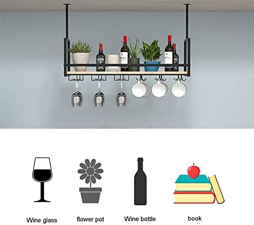 Ceiling Shelf - Wrought Iron Wine Glass Holder, Ceiling-Mounted Wine Rack, Solid Wood Storage, Wall-Mounted Plant Display, Kitchen Floating Shelves, Black, 140x30 cm