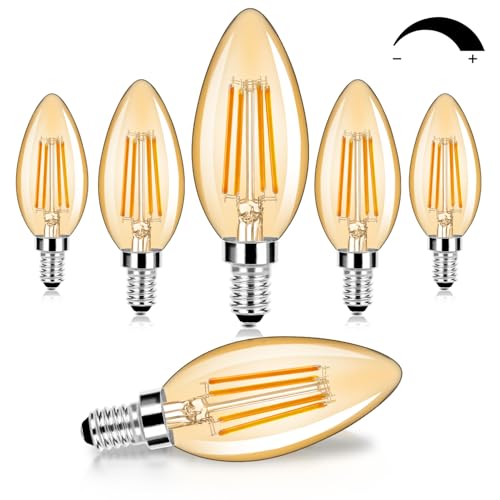 Pacote com 6 lâmpadas LED E12 reguláveis para candelabro equivalente a 60 W, branco quente âmbar 2200K, base de vela B11 de 600 lúmens, lâmpadas vintage de filamento de LED C35, vidro âmbar para