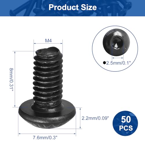 MroMax 50Pcs M4 x 8mm Button Head Socket Cap Bolts Screws, Alloy Steel 10.9 Grade, Allen Socket Drive, Black Oxide Finish, Fully Machine Thread - Thumbnail 3