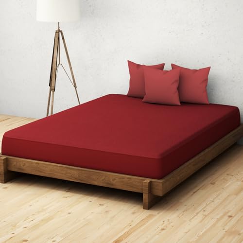 Image of Welspun 100% Waterproof Premium Mattress Protector for Double Bed Queen Size 60x78 Inches| Cotton Feel Mattress Cover | Elastic Fitted| Fits Upto 10 Inch Mattress| Bed Protector Cover (60 inchx78 inch Maroon)