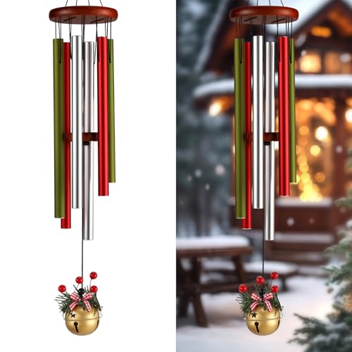 Roowest Christmas Large Aluminium Wind Chimes with Bell for Outdoor 37 Red Green and White Deep Tone Soothing Melodic Tones Wind Chimes for Outside Garden Patio Decor Gift for Mom Women Neighbors