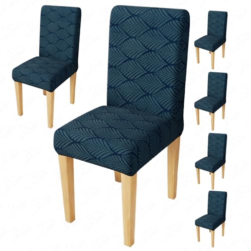 Image of Lukzer Elastic Dining Chair Cover - 6PC Pastel Marine Blue Leaf Trail | Textured High Stretch Jacquard Seat Cover | Removable Washable Short Dining Chair Cover Protector Seat Slipcover | (CC-131-06)