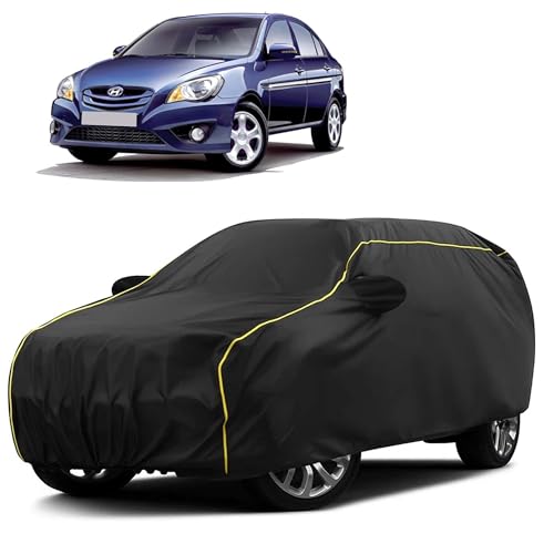 Image of Sulfar 100% Water Resistant Car Body Cover Compatible with Mirror for Hyundai Verna Transform (Triple Stitched, Full Bottom Elastic, Black Taffeta with Yellow Piping)
