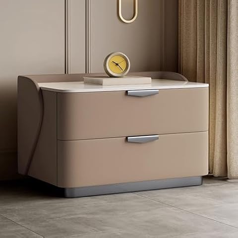 Simple Modern Wide Solid Wood Bedside Table with Two Storage Drawers, Cream Style Nightstand No Assembly Required with Tempered Glass Top, Night Stand for Bedroom Living Room(B)