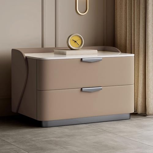 Simple Modern Wide Solid Wood Bedside Table with Two Storage Drawers, Cream Style Nightstand No Assembly Required with Tempered Glass Top, Night Stand for Bedroom Living Room(B)