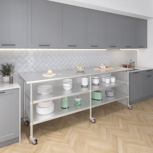 Image of AmGood Stainless Steel Work Table with 2 Shelves and Casters | Metal Utility Table On Wheels (Stainless Steel, 96 inch Long x 30 inch Deep)